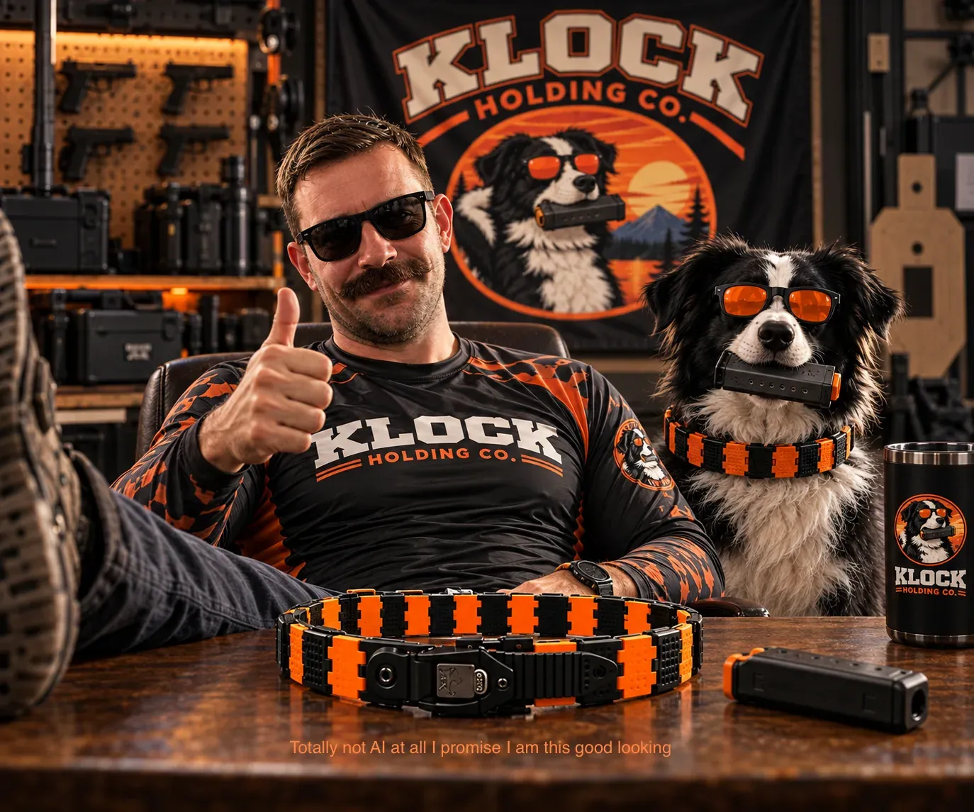 The Klock Holding Co. maker seated at a desk with a black-and-white dog and an orange-and-black competition belt.